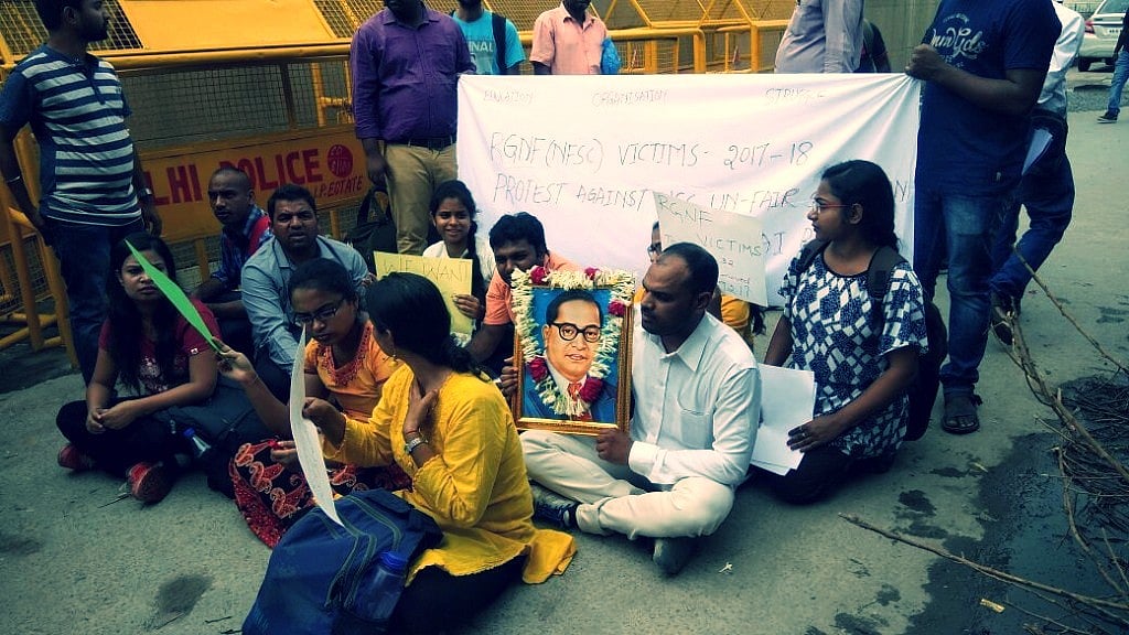 Students protesting outside the University Grants Commission office on Bahadur Shah Zafar Marg, New Delhi. 