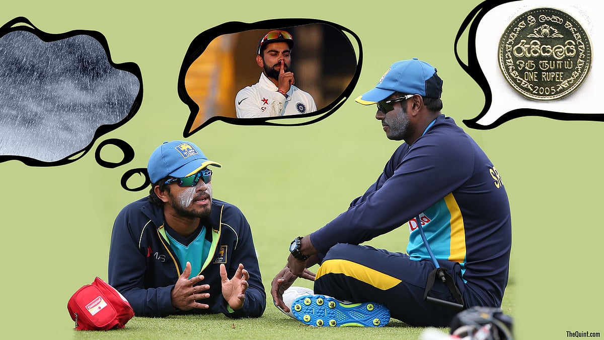 Dinesh Chandimal and Angelo Mathews have a chat during a nets session.
