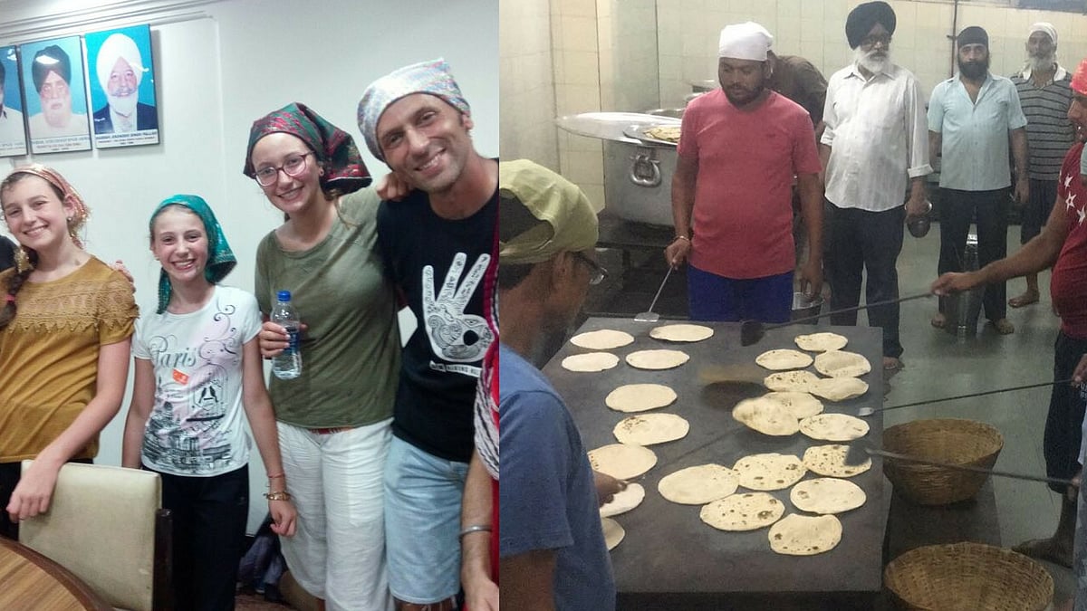 The Boleslawskis at the gurdwara; Food being prepared in the langar.