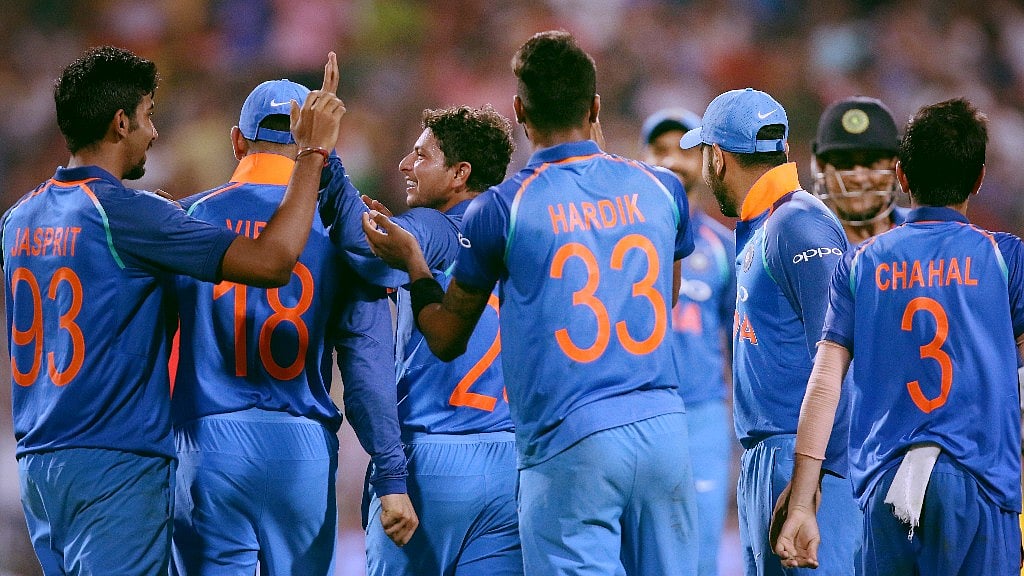 Indian team celebrate the win against Australia in Kolkata.