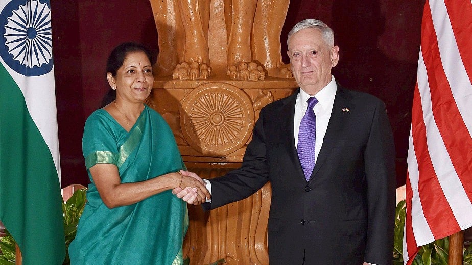 Defence Minister Nirmala Sitharaman and US Defence Secretary Jim Mattis shake hands prior to a meeting at South Block.