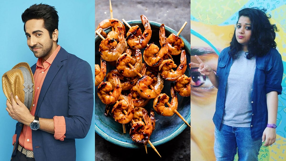 Ayushmann Khurrana, a plate of BBQ prawns, and Almas Khateeb from <b>The Quint</b>.  