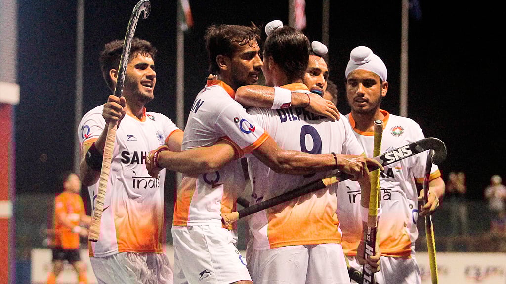 The Indian Junior Men’s Hockey team celebrate a goal in their match against Malaysia earlier this week 