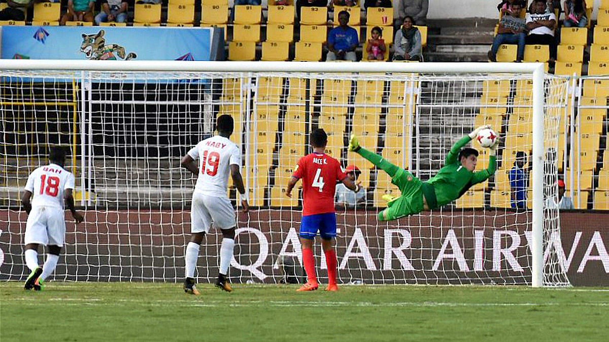Action from the match between Costa Rica and Guinea during their U-17 FIFA World Cup football match at Pandit Jawaharlal Nehru Stadium, Goa.