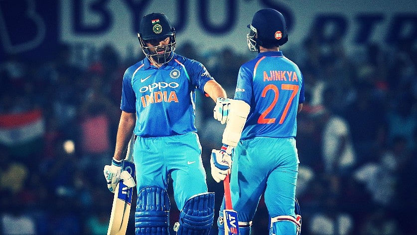 Rohit Sharma and Ajinkya Rahane share a moment in the&nbsp;