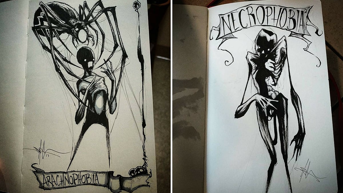 Arachnophobia, a fear of spiders (L); Necrophobia, a fear of death/dead bodies (R).