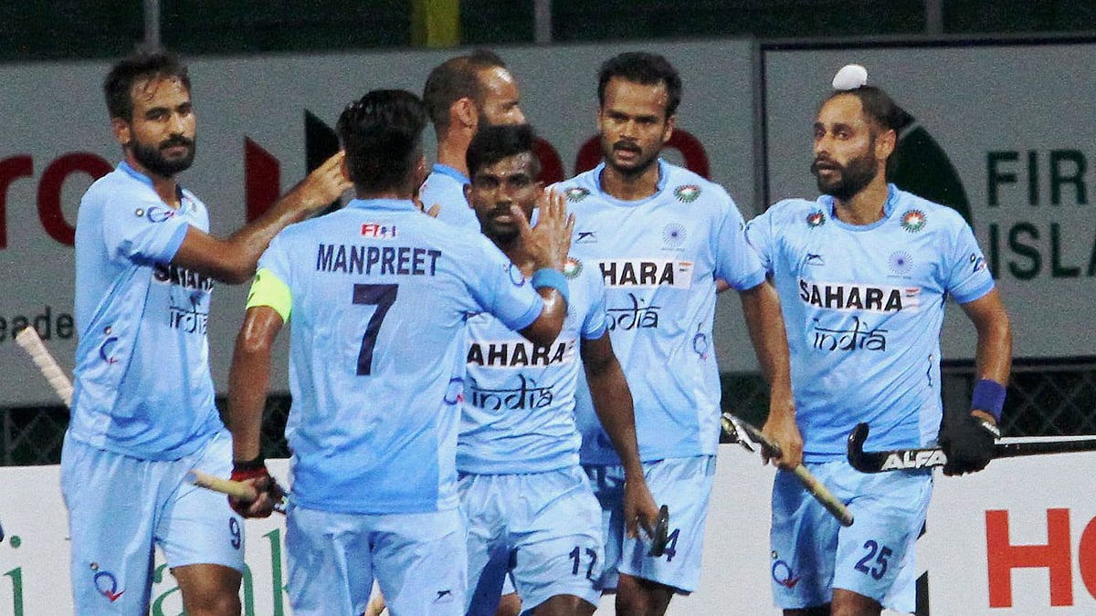 File photo of the Indian team celebrating a goal.