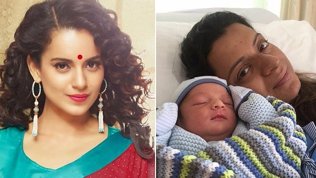Kangana Ranaut and Rangoli Ranaut with 13-day-old Prithvi Raj Chandel.
