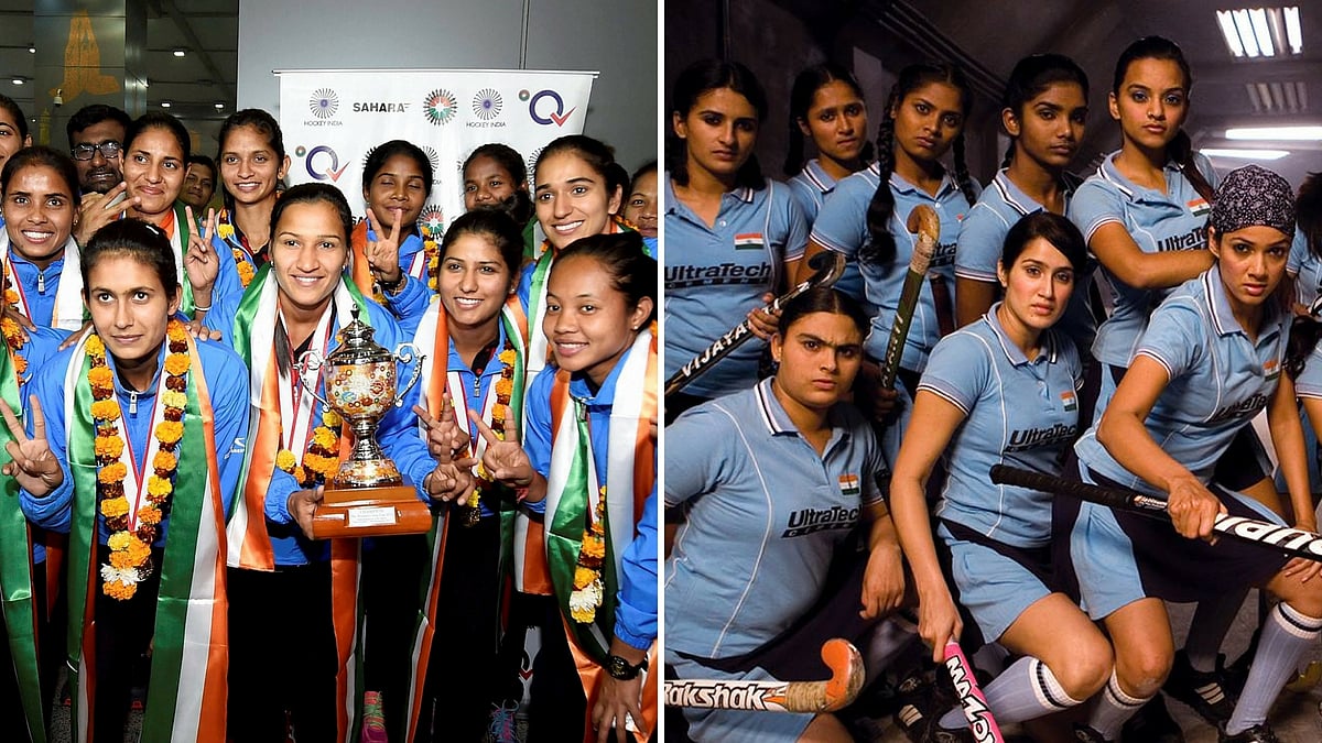 Indian women’s hockey team (left) and a still from <i>Chak de India</i> (right).