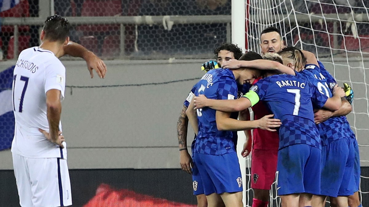 Croatia’s players celebrate at the end of the World Cup qualifying play-off second leg soccer match.<a></a>