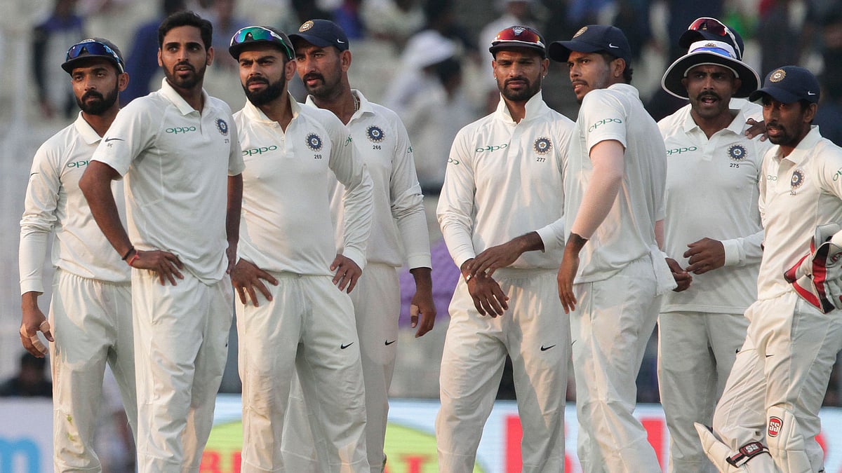 The Indian team waits for the third umpire’s decision during Day 5 of the first Test against Sri Lanka.