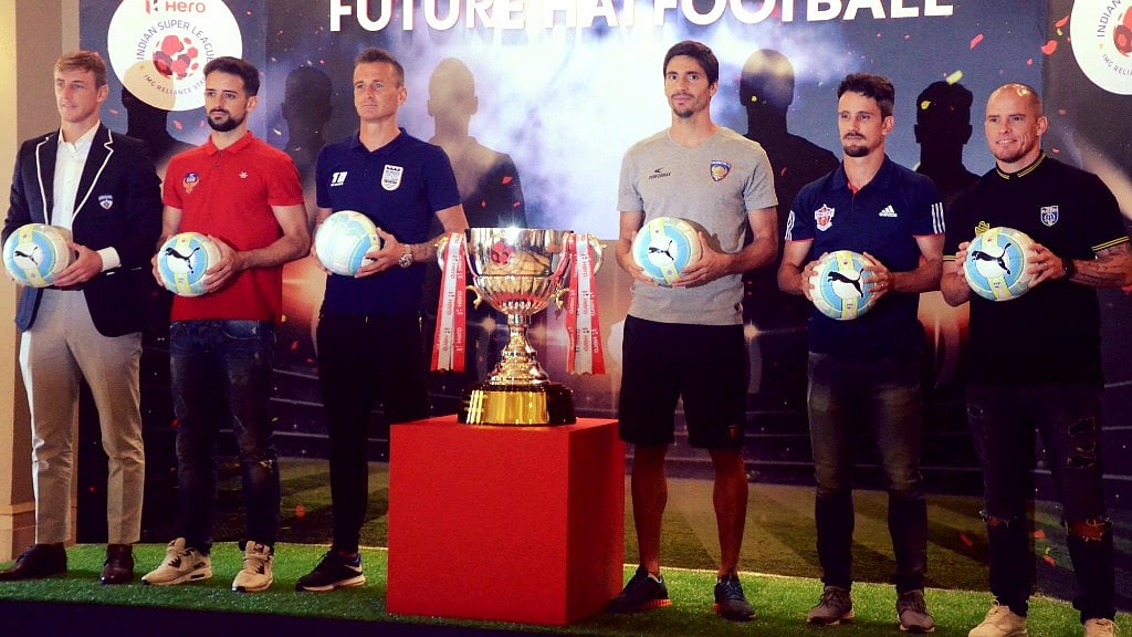  (Left to right) Bengaluru FC’s John Johnson, FC Goa’s Bruno Pinheiro, Mumbai City FC’s Lucian Goian, Chennayin FC’s Henrique Sereno, FC Pune City’s Marcelo Pereira and Kerala Blasters FC Iain Hume.