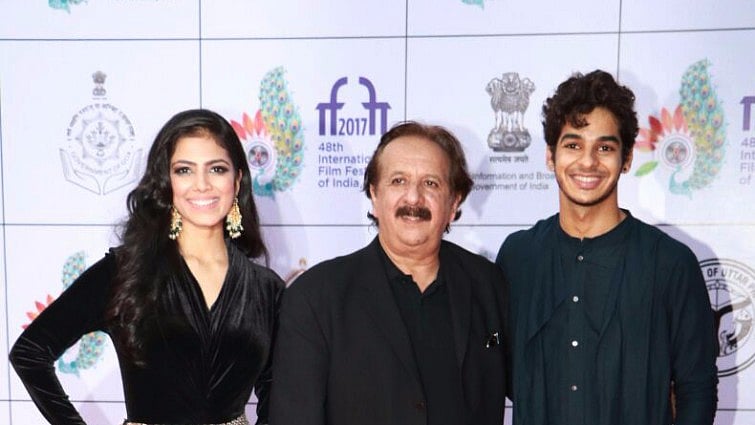 Iranian auteur Majid Majidi with Ishan Khatter and Malavika Mohanan, the cast of his Indian film, <i>Beyond the Clouds </i>at IFFI.