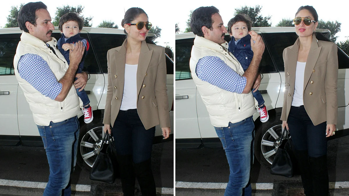 Taimur waves at the camera.&nbsp;