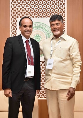Visakhapatnam: Andhra Pradesh  Chief Minister N. Chandrababu Naidu and ITC infotech Global head of Innovation and Vice President Mahesh Prabhu during Partnership Summit 2018 in Visakhapatnam on Feb 24, 2018. (Photo: IANS)