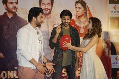 New Delhi: Actors Kartik Aaryan, Sunny Nijar and Nushrat Bharucha during a press conference ahead of their upcoming film