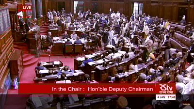 New Delhi: Opposition MPs stage protest in Rajya Sabha during a debate on the Tripple Talaq Bill on Jan 4, 2018. (Photo: IANS/Screen grab RSTV)