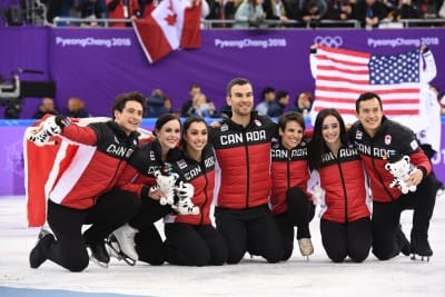 PYEONGCHANG, Feb. 12, 2018 (Xinhua) -- Team Canada celebrate after winning the figure skating team event at the 2018 PyeongChang Winter Olympic Games, in Gangneung Ice Arena, South Korea, on Feb. 12, 2018. Canada won the gold medal with 73 points in total. (Xinhua/Wang Song/IANS)