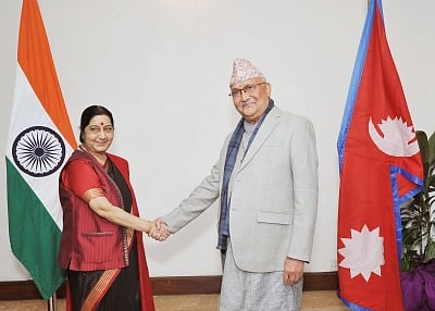 Kathmandu: External Affairs Minister Sushma Swaraj meets Communist Party of Nepal-United Marxist Leninist Chairman KP Sharma Oli in Kathmandu on Feb 1, 2018. (Photo: IANS/MEA)