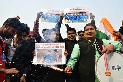 Patna: Cricket enthusiasts celebrate after India overpowered Australia by eight wickets in the final to claim the ICC U19 World Cup; in Patna on Feb 3, 2018. Opener Manjot Kalra batted through the innings and remained unbeaten on 101 runs off 102 deliveries as the Indians romped past the modest target of 217 runs with 67 balls to spare. India became the first nation to win the ICC U19 World Cup four times. They had earlier won the title in 2000, 2008 and 2012. (Photo: IANS)