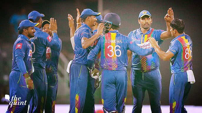 The Sri Lankan team celebrate a wicket during the T20 match against India in Colombo on Tuesday.