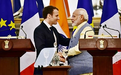 New Delhi: Prime Minister Narendra Modi and French President Emmanuel Macron, during the Joint Press Statement, at Hyderabad House, in New Delhi on March 10, 2018. (Photo: IANS/PIB)