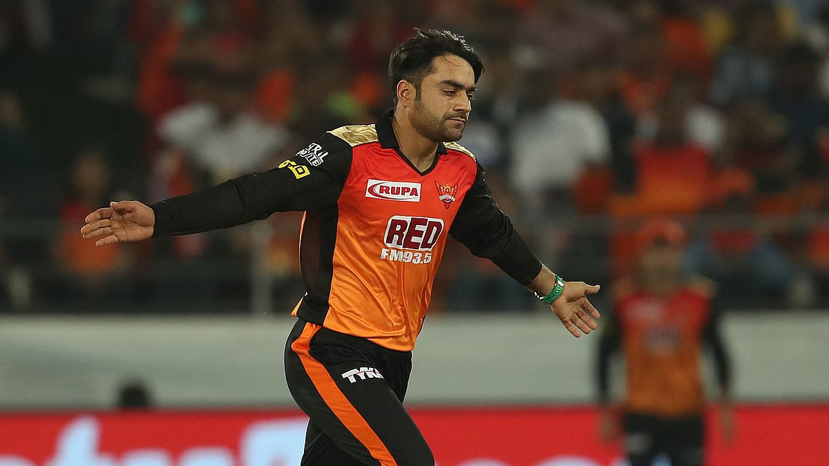 Rashid Khan celebrates the wicket of KL Rahul during the match between Sunrisers Hyderabad and Kings XI Punjab.