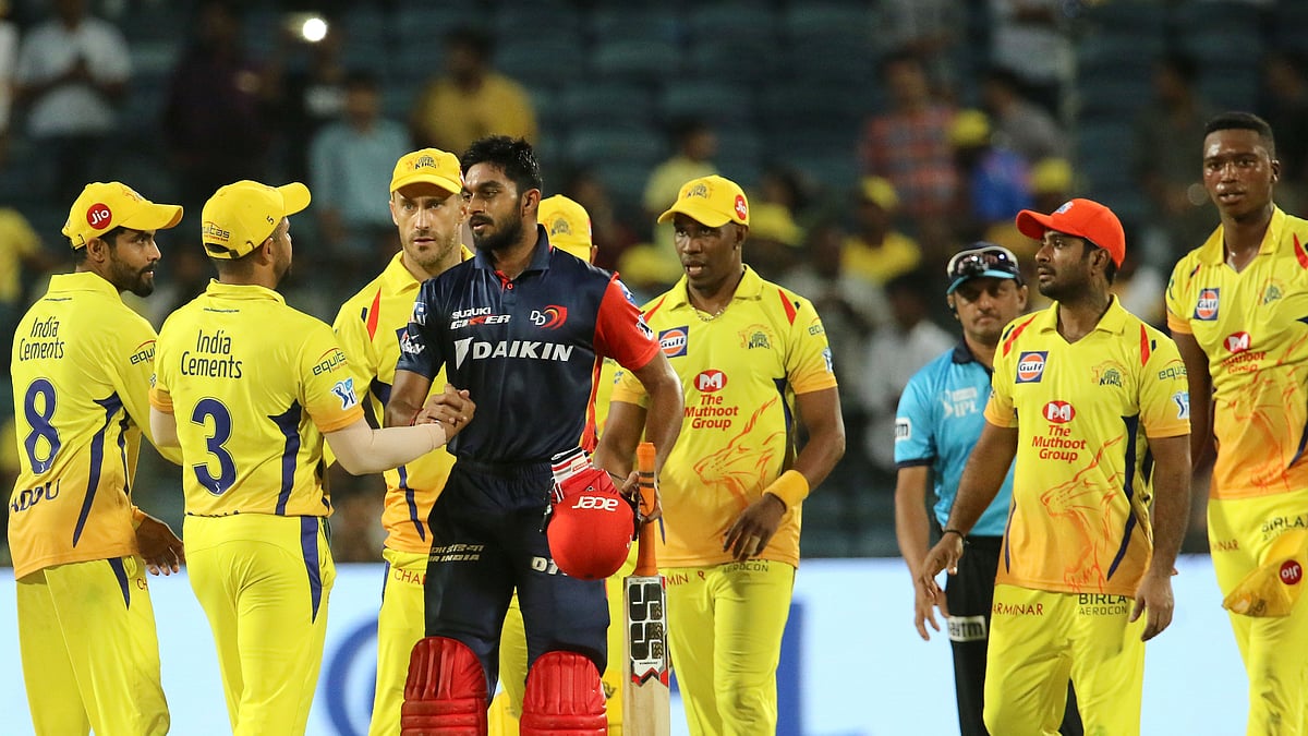 Vijay Shankar of the Delhi Daredevils shake hands with Chennai Superkings players after the match thirty of the Vivo Indian Premier League 2018 (IPL 2018) between the Chennai Super Kings and the Delhi Daredevils held at the Maharashtra Cricket Association Cricket Stadium, Pune on the 30th April 2018.