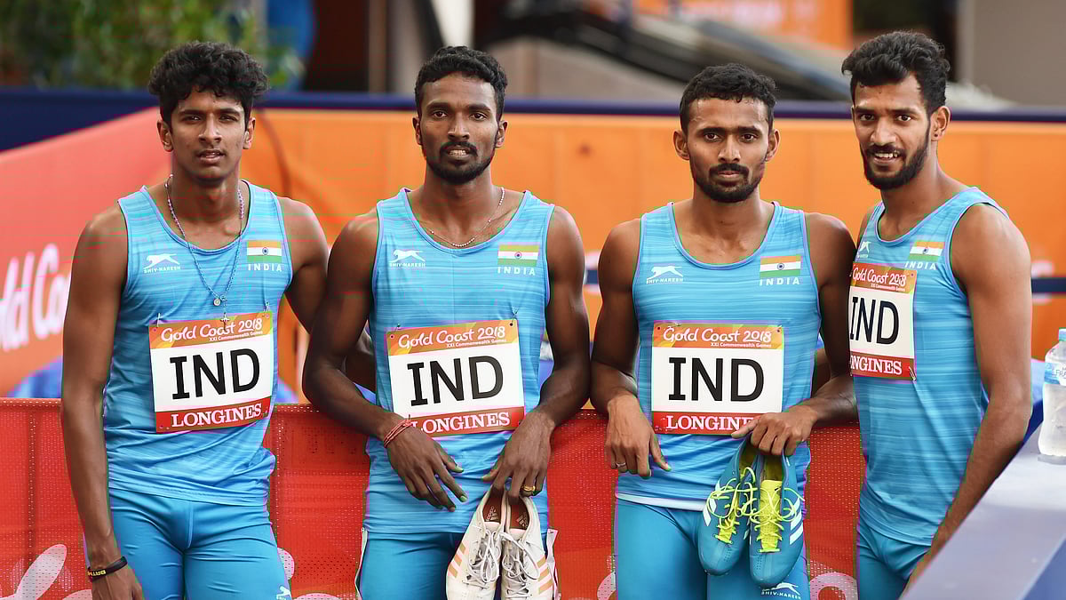India Men’s 4X400m Relay team members Amoj Jacob ,Arokia Rajiv , Muhammed Anas Yahiya and Jeevan Karekoppa Suresh after qualification during the Commonwealth  Games 2018 in Gold Coast , on Friday.&nbsp;