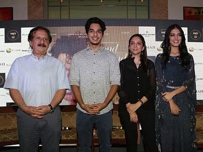 New Delhi: Director Majid Majidi with actors Malavika Mohanan and Ishaan Khatter during a press conference to promote their upcoming film "Beyond The Clouds", in New Delhi on April 17, 2018. (Photo: Amlan Paliwal/IANS)