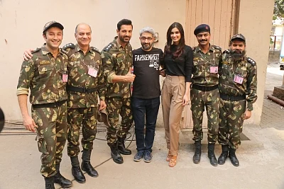 Mumbai: Director Abhishek Sharma with actors John Abraham and Diana Penty during a promotional shoot ahead of their upcoming film