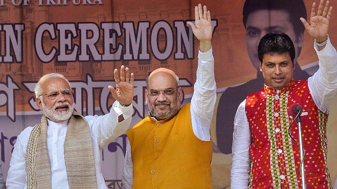 Prime Minister Narendra Modi with Bharatiya Janata Party (BJP) National President Amit Shah and Tripura Chief Minister Biplab Kumar Deb.