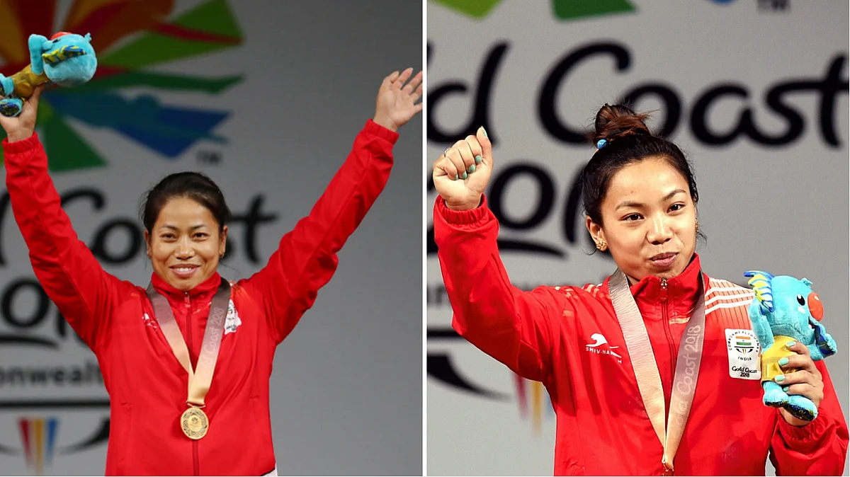 Mirabai Chanu (right) and Sanjita Chanu (left) after clinching gold at the Gold Coast Commonwealth Games.