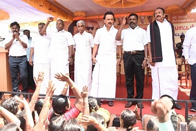 Chennai: DMK leader M.K. Stalin leads a demonstration against the dilution of the Scheduled Castes and Scheduled Tribes (Prevention of Atrocities) Act in Chennai on April 16, 2018. (Photo: IANS)