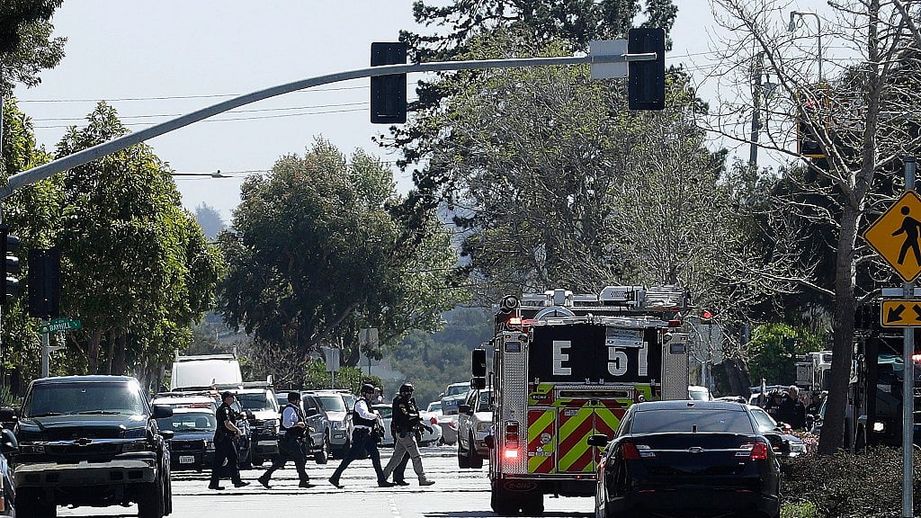 Security personnel near a YouTube office in San Bruno.