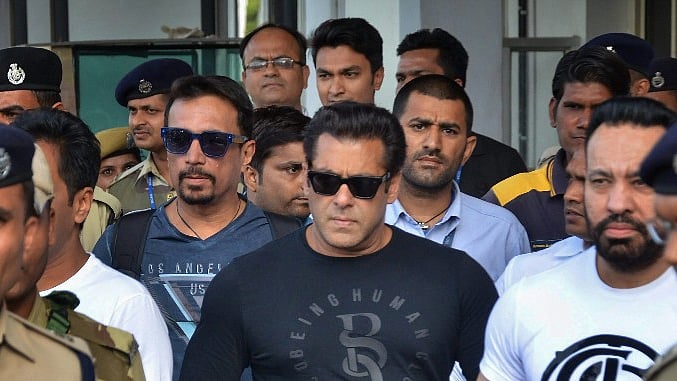 Film actor Salman Khan leaves from Jodhpur airport to appear in the chief judicial magistrate court in the 1998 Blackbuck hunting case, in Jodhpur on Wednesday.