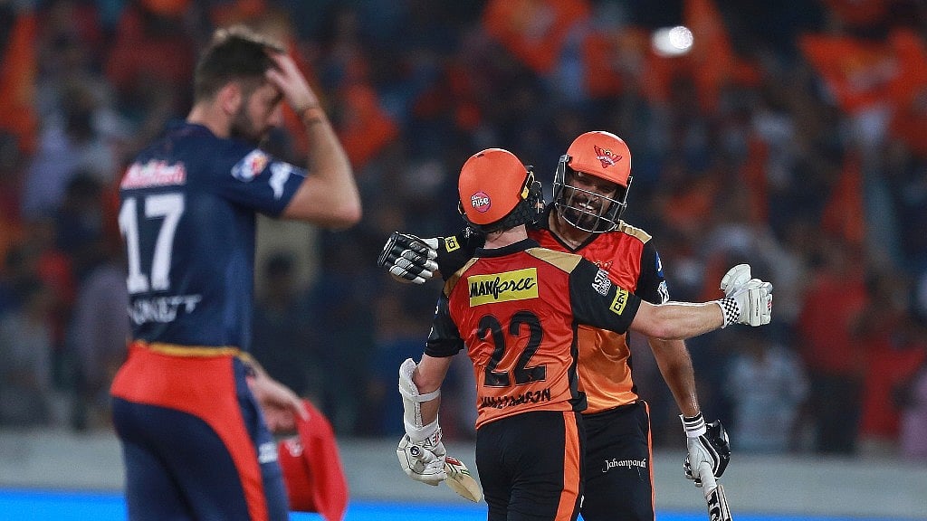 Sunrisers Hyderabad player Yusuf Pathan, right, and Kane Williamson celebrate after winning the match against Delhi Daredevils.