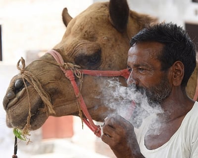 Bikaner: A man seen smoking a bidi - cigarette made of unprocessed tobacco wrapped in leaves - on the eve of World No Tobacco Day, in Bikaner on May 30, 2018. (Photo: IANS)