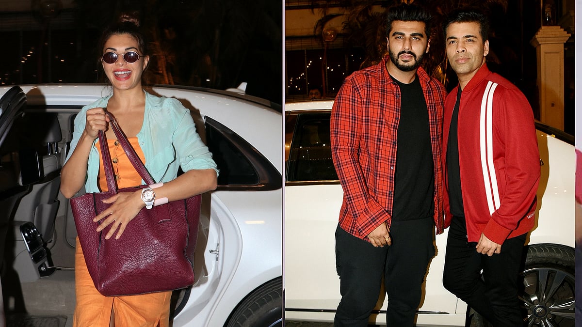 Jacqueline Fernandez, Arjun Kapoor and Karan Johar arrive  at Anil Kapoor’s house.&nbsp;