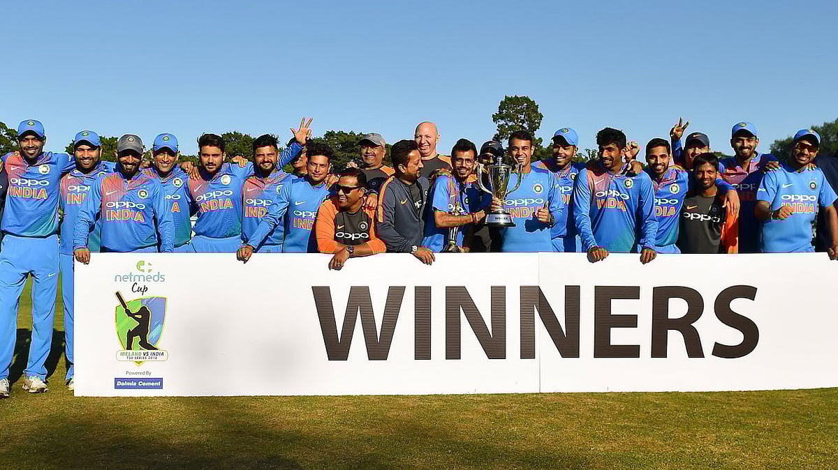 The Indian team pose with the trophy after winning the two-match T20 series against Ireland 2-0.