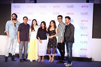 Mumbai: Filmmakers Karan Johar, Dibakar Banerjee and Zoya Akhtar with producer Ronnie Screwvala and actors Jaideep Ahlawat, Bhumi Pednekar and Sanjay Kapoor at the trailer launch of "Lust Stories" in Mumbai, on May 18, 2018. (Photo: IANS)