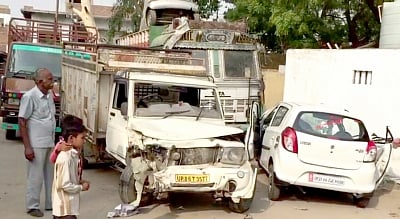Mathura: A view of the site of the accident where a car was hit by another vehicle near Mathura on June 5, 2018. Four persons of a family, including a police constable, were killed and three others were injured in the accident. (Photo: IANS)