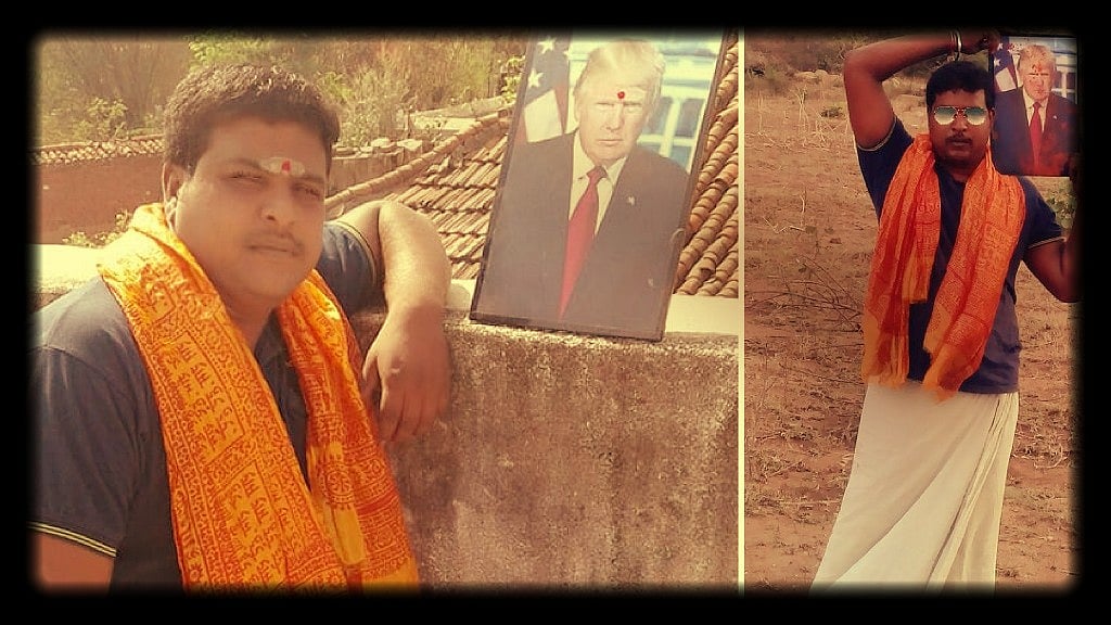 Bussa Krishna poses with a photo of US President Donald Trump, who he worships.&nbsp;
