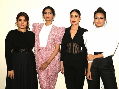 New Delhi: Actresses Shikha Talsania, Swara Bhaskar, Sonam Kapoor and Kareena Kapoor during a press conference organised to promote their upcoming film "Veere Di Wedding" in New Delhi, on May 25, 2018. (Photo: Amlan Paliwal/IANS)
