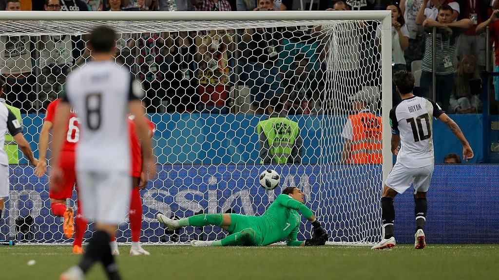Costa Rica’s Bryan Ruiz shoots a penalty kick to score an own goal by Switzerland’s goalkeeper, Yann Sommer during the group E match on Wednesday