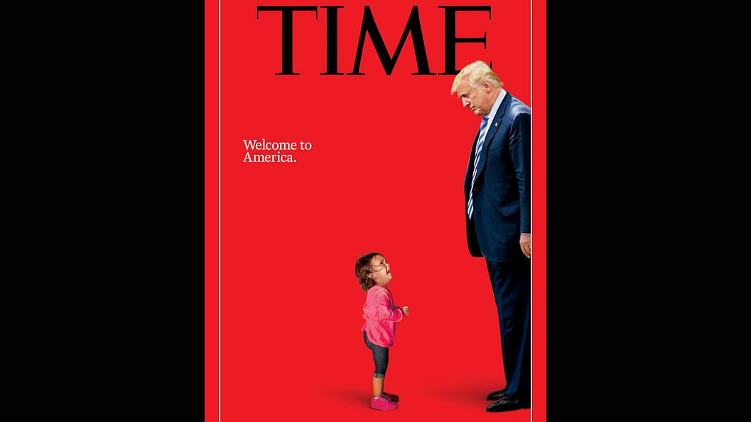 The magazine cover for the 2 July edition features US President Donald Trump looking down on a crying immigrant child.