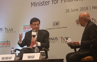 New Delhi: Singapore Finance Minister Heng Swee Keat addressees at a panel discussion on Singapore Symposium 2018 in New Delhi, on June 28, 2018. (Photo: IANS)