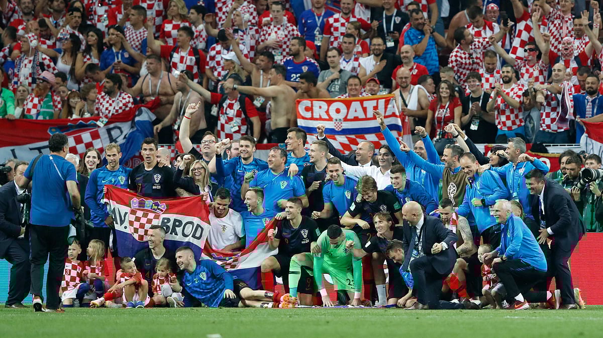Croatia team celebrates at the end of the semifinal match between Croatia and England at the 2018 FIFA World Cup in the Luzhniki Stadium in Moscow, Russia, Wednesday, July 11, 2018.&nbsp;