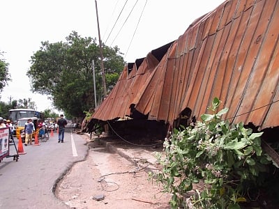 Hyderabad: The old Central Bus Station (CBS), one of the landmarks of this historic city, collapsed on July 5, 2018. The aircraft hangar built by Butler & Co of the US in the 1930s was being used as a bus station for over six decades. There was no loss of life as the officials of Telangana State Road Transport Corp had vacated the structure a couple of days ago. (Photo: IANS)