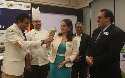 New Delhi: Chef Sanjeev Kapoor, Association of Fruit Exporters of Chile AG (ASOEX) Marketing Director (Asia and Europe) Charif Christian Carvajal, ProChile India Commercial Director Carolina Vasquez and SS Associates Director Sumit Saran during ProChile - Chilean Trade promotion programme in India; in New Delhi on July 11, 2018. (Photo: IANS)